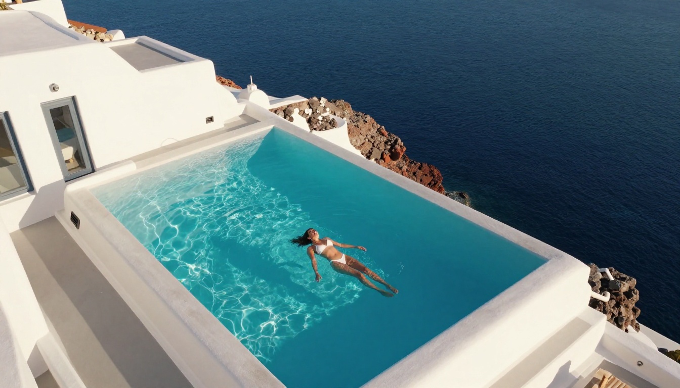 Aerial view of infinity pool in Santorini with woman in white bikini