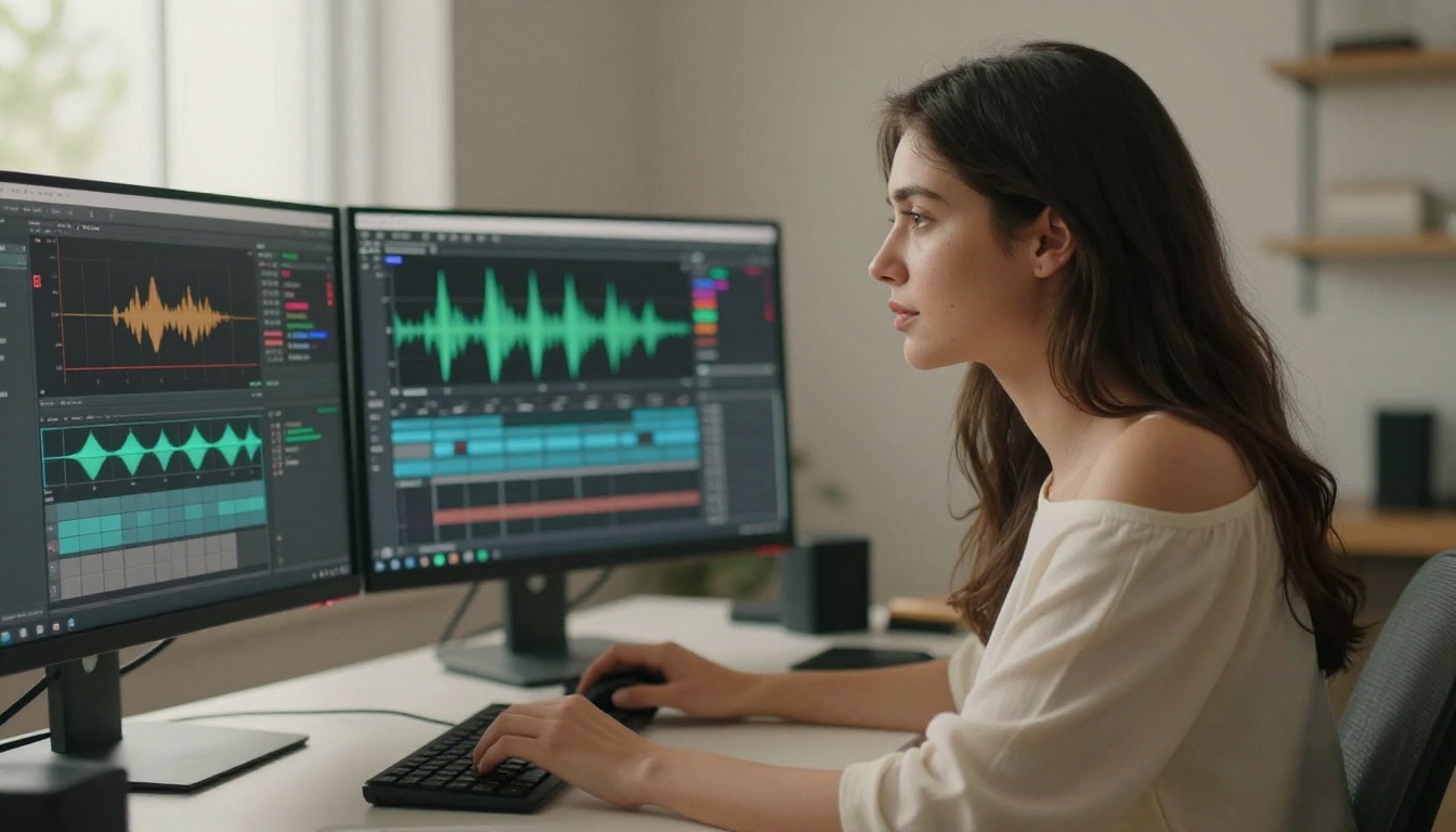 Woman using AI video generation interface at desk