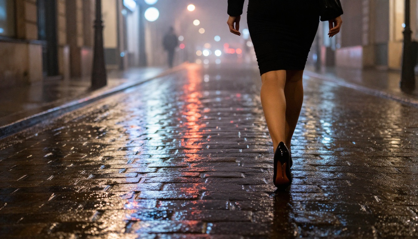 Woman in black fitted dress walking on wet cobblestone street Paris night