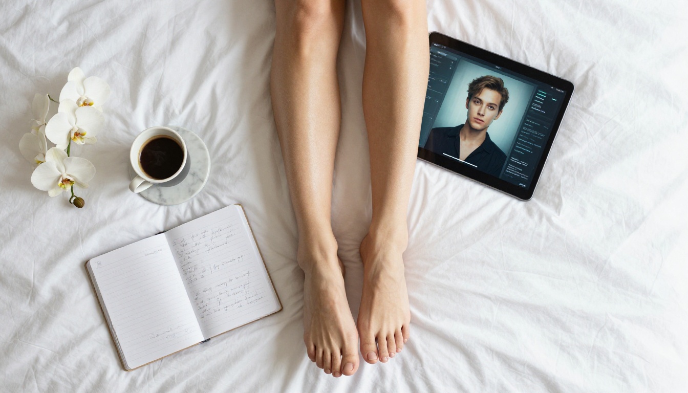 Flat-lay composition showing bare legs on silk bed with AI tablet interface glowing