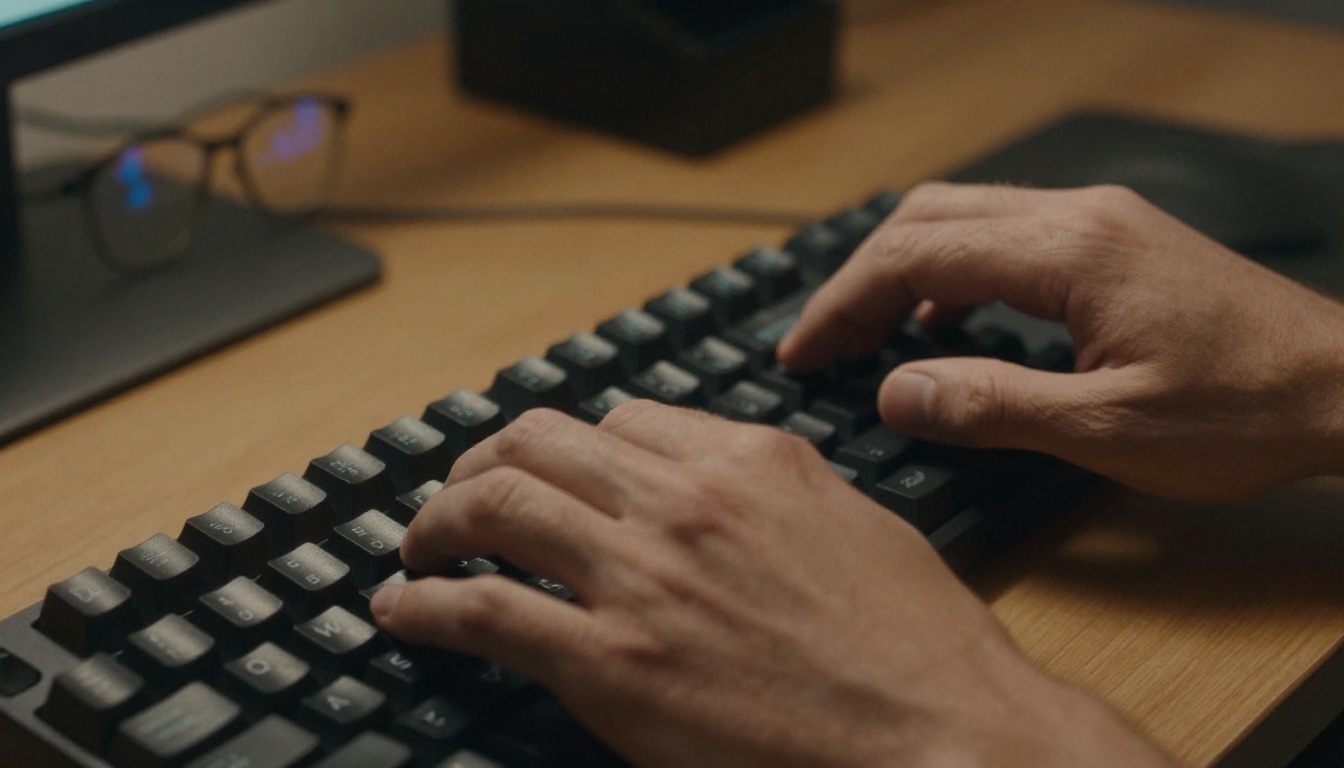 Hands typing a creative prompt on a mechanical keyboard reflected in monitor screen Hands typing a creative prompt on a mechanical keyboard reflected in monitor screen