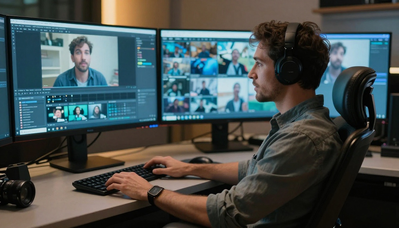 Content creator reviewing AI video on large curved monitor in modern studio Content creator reviewing AI video on large curved monitor in modern studio