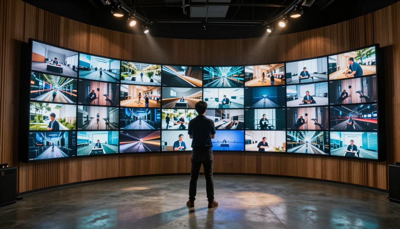 AI video creator working at a professional editing workstation with dual ultrawide monitors AI video creator working at a professional editing workstation with dual ultrawide monitors