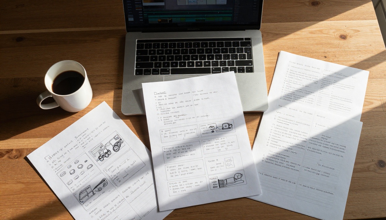 Aerial overhead view of a storyboard workspace with handwritten notes and coffee Aerial overhead view of a storyboard workspace with handwritten notes and coffee