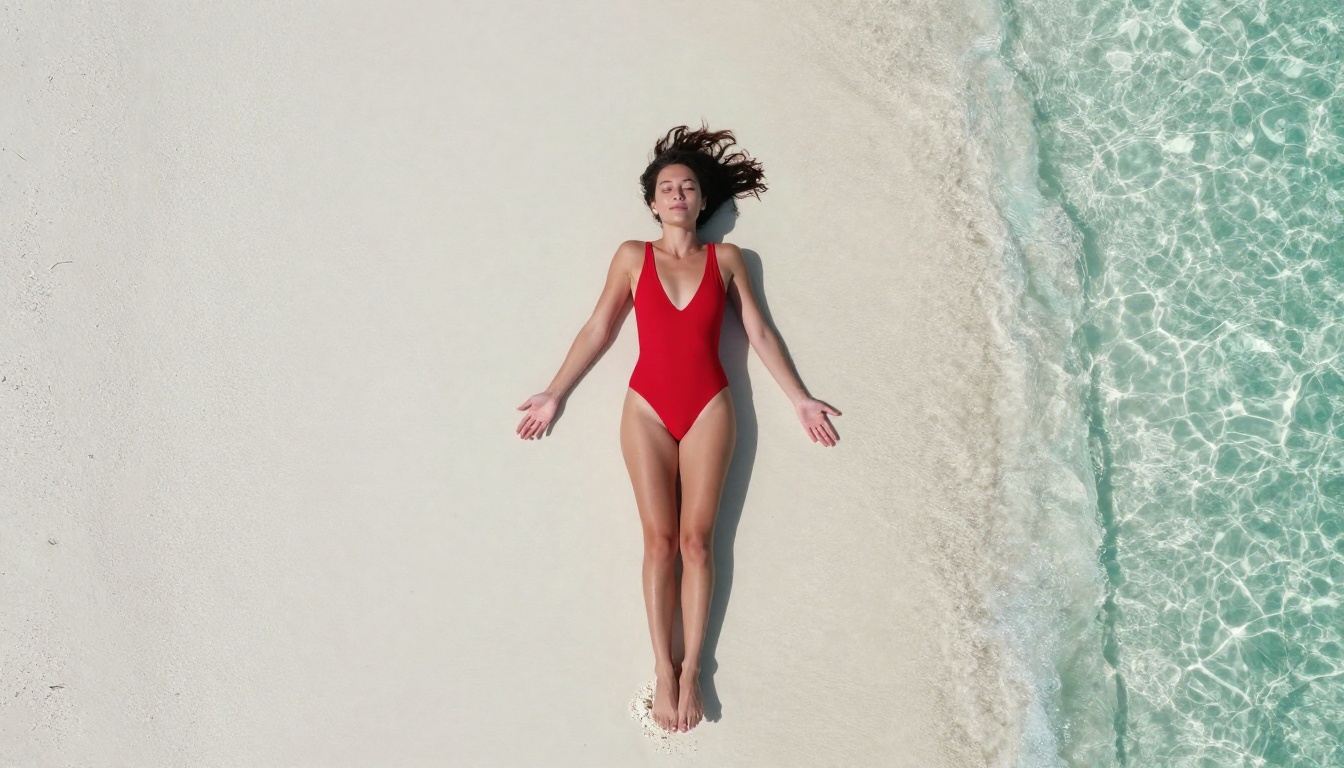 Aerial overhead view of woman in red swimsuit on white sand tropical beach Aerial overhead view of woman in red swimsuit on white sand tropical beach