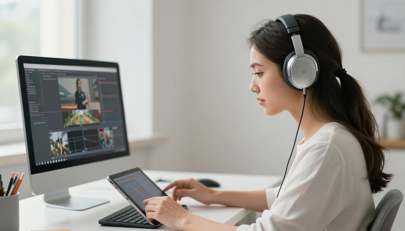 Content creator reviewing AI video clips on a bright minimal workspace setup Content creator reviewing AI video clips on a bright minimal workspace setup