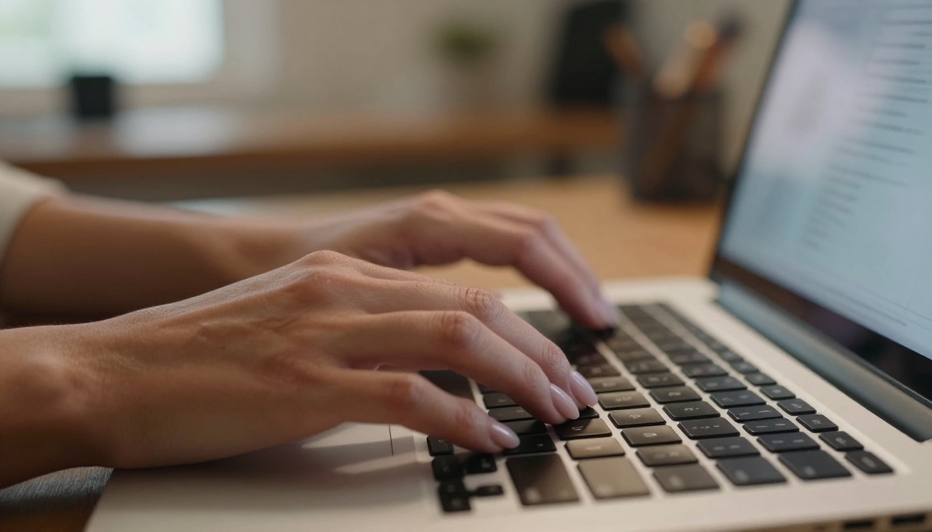 Hands with elegant nails typing on laptop keyboard in creative studio