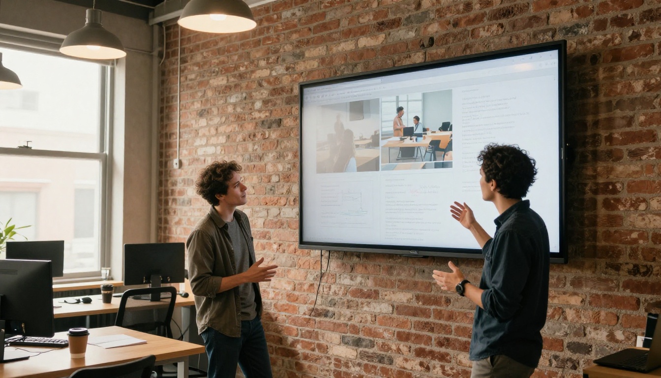 Two creative professionals discussing AI-generated video content in a creative agency office