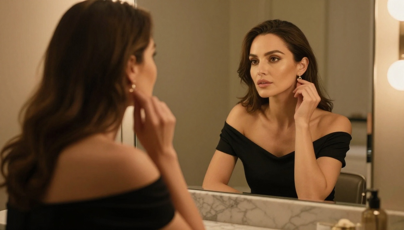 Woman at makeup vanity with mirror reflection in warm dressing room light Woman at makeup vanity with mirror reflection in warm dressing room light