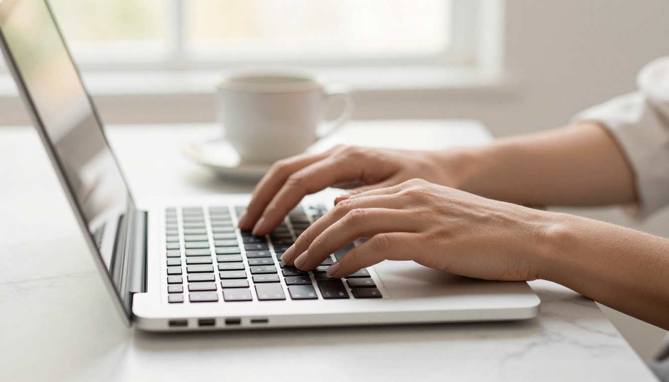 Hands typing prompt on laptop for AI video generation Hands typing prompt on laptop for AI video generation