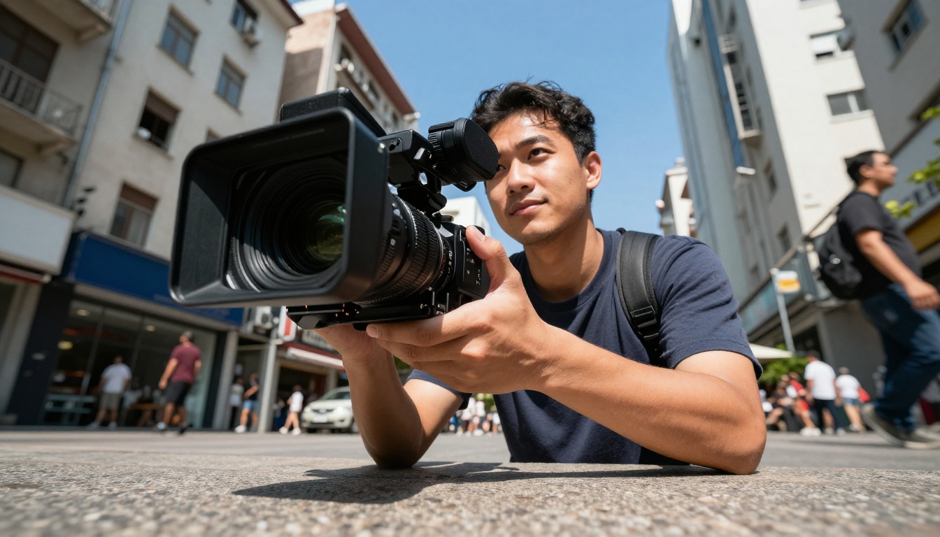 Male videographer shooting on location in an urban plaza from low angle looking up