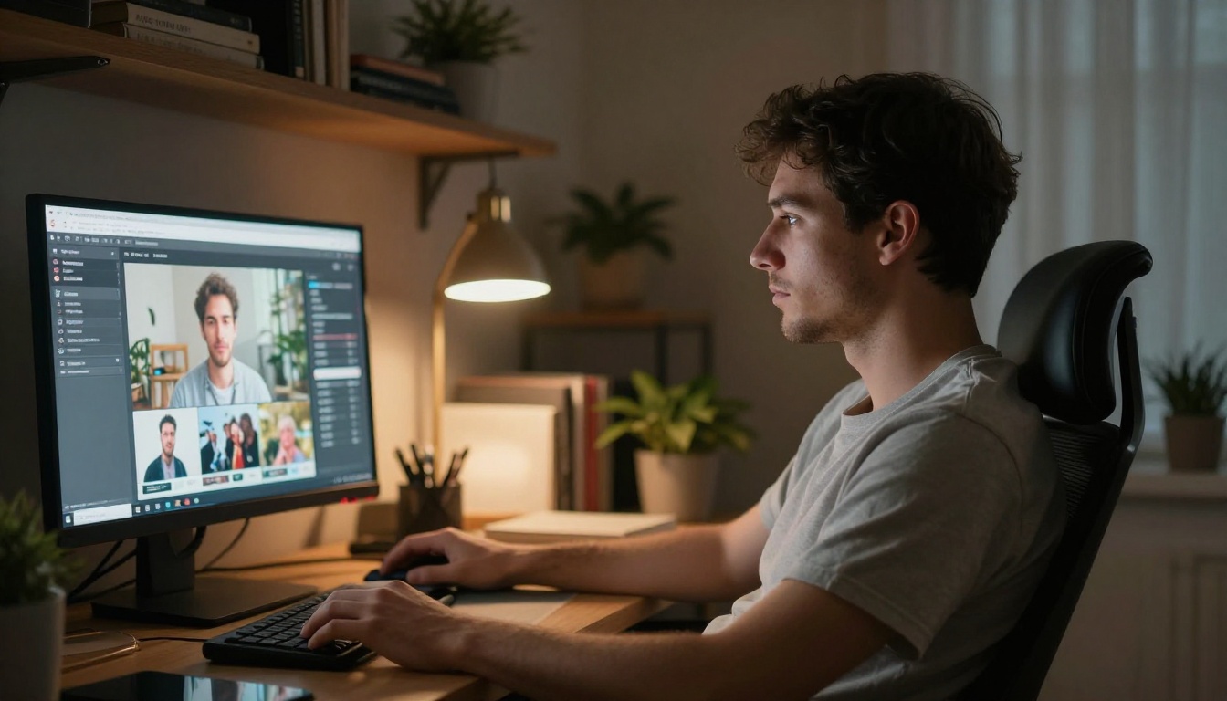 Young man in home office environment reviewing AI-generated video clips on a widescreen monitor