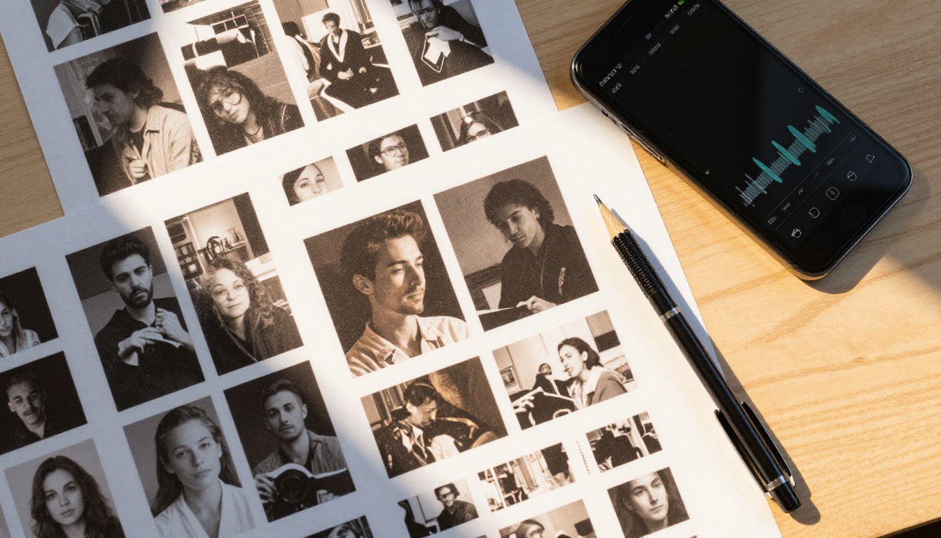 Overhead flat-lay of printed video frames and contact sheets arranged on a wooden creative workspace