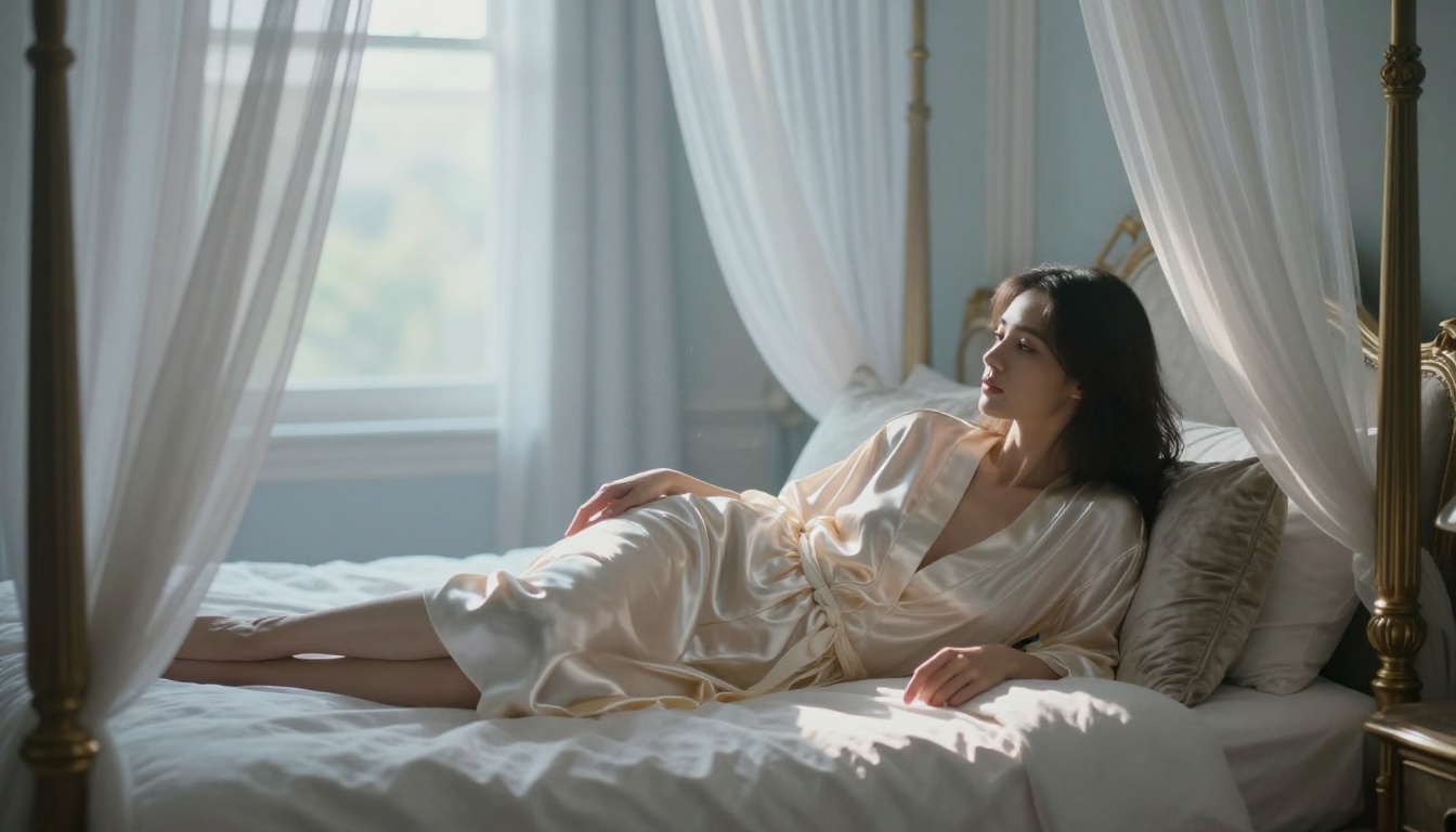 Woman in silk robe in luxury penthouse at dawn, photorealistic morning atmosphere