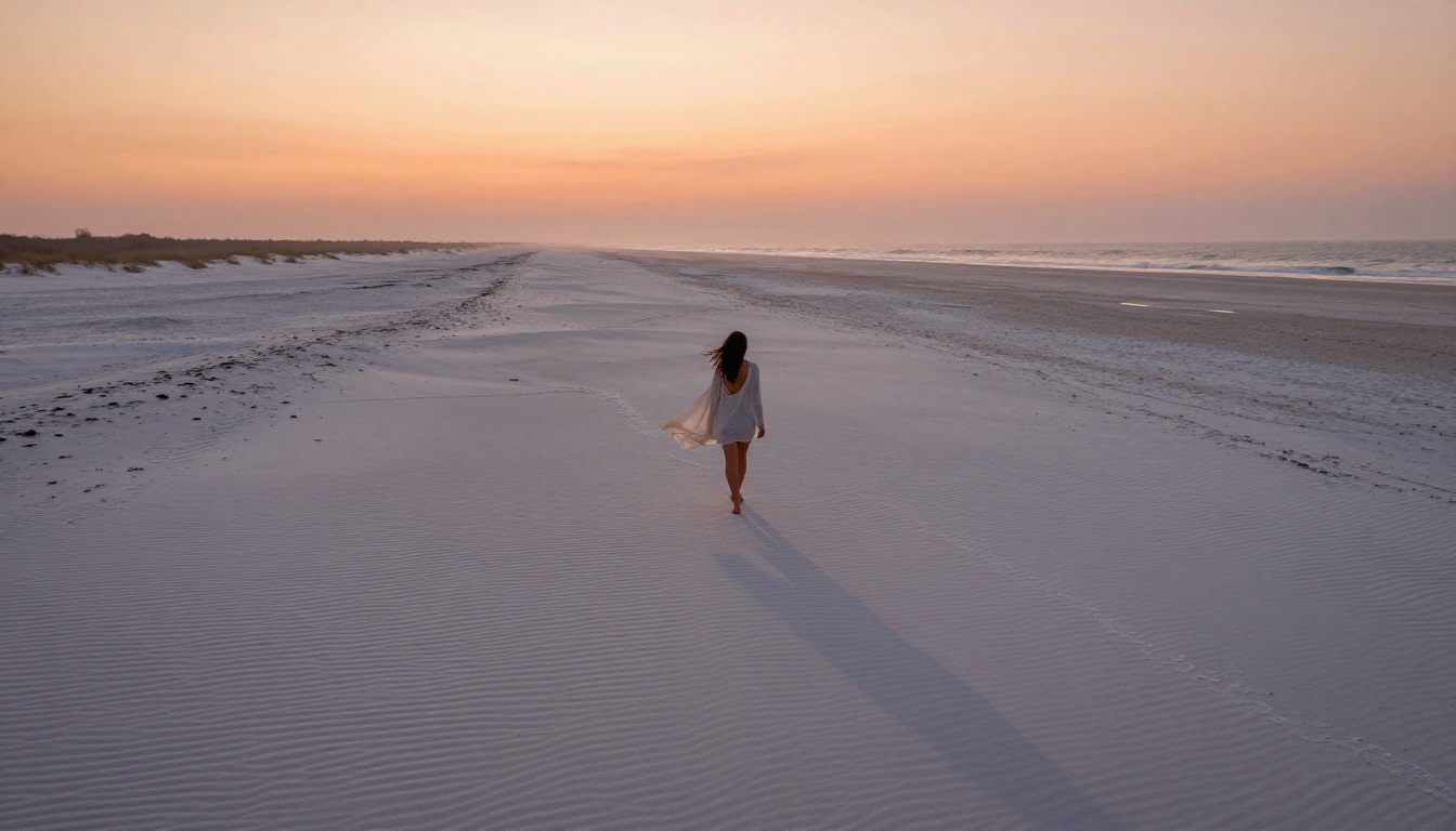 Aerial view of woman walking on deserted beach at sunrise, photorealistic cinematography