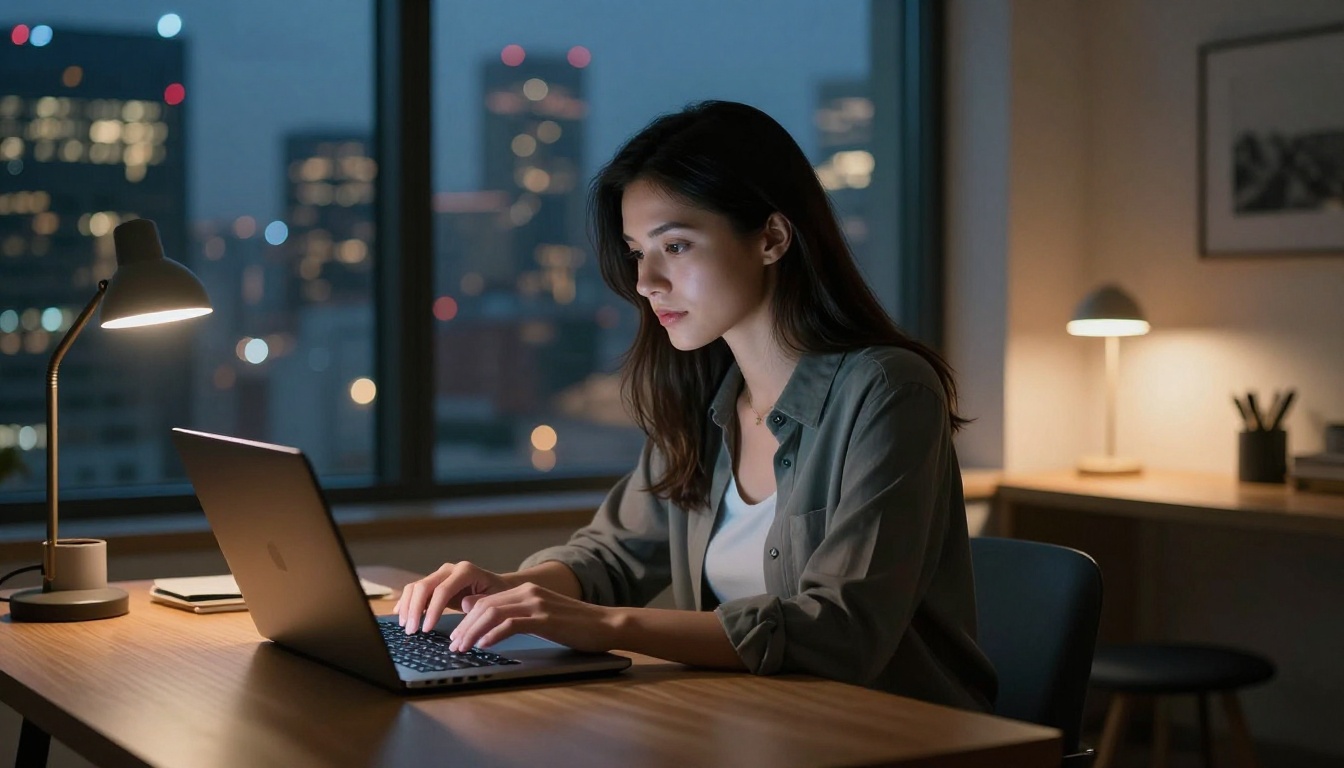 Woman working at laptop at night, creative AI generation workspace atmosphere