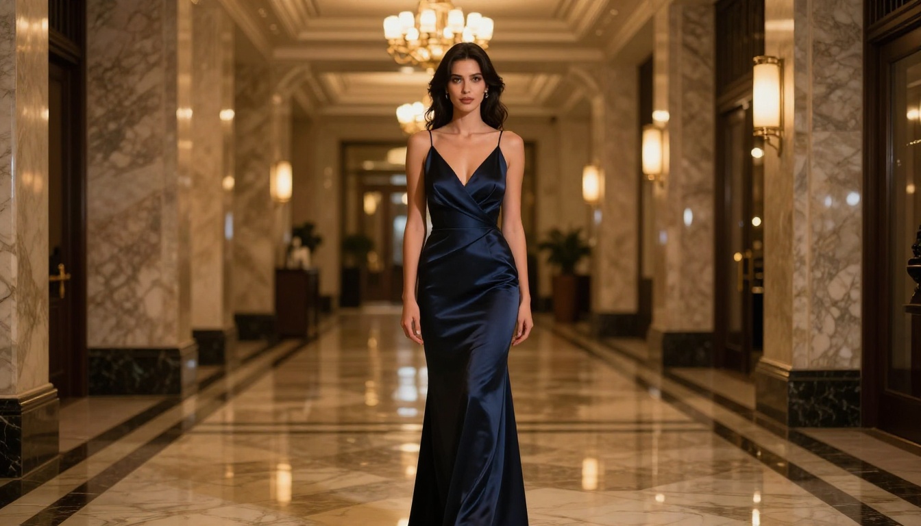 Woman in evening gown in luxury hotel foyer, cinematic photorealistic quality