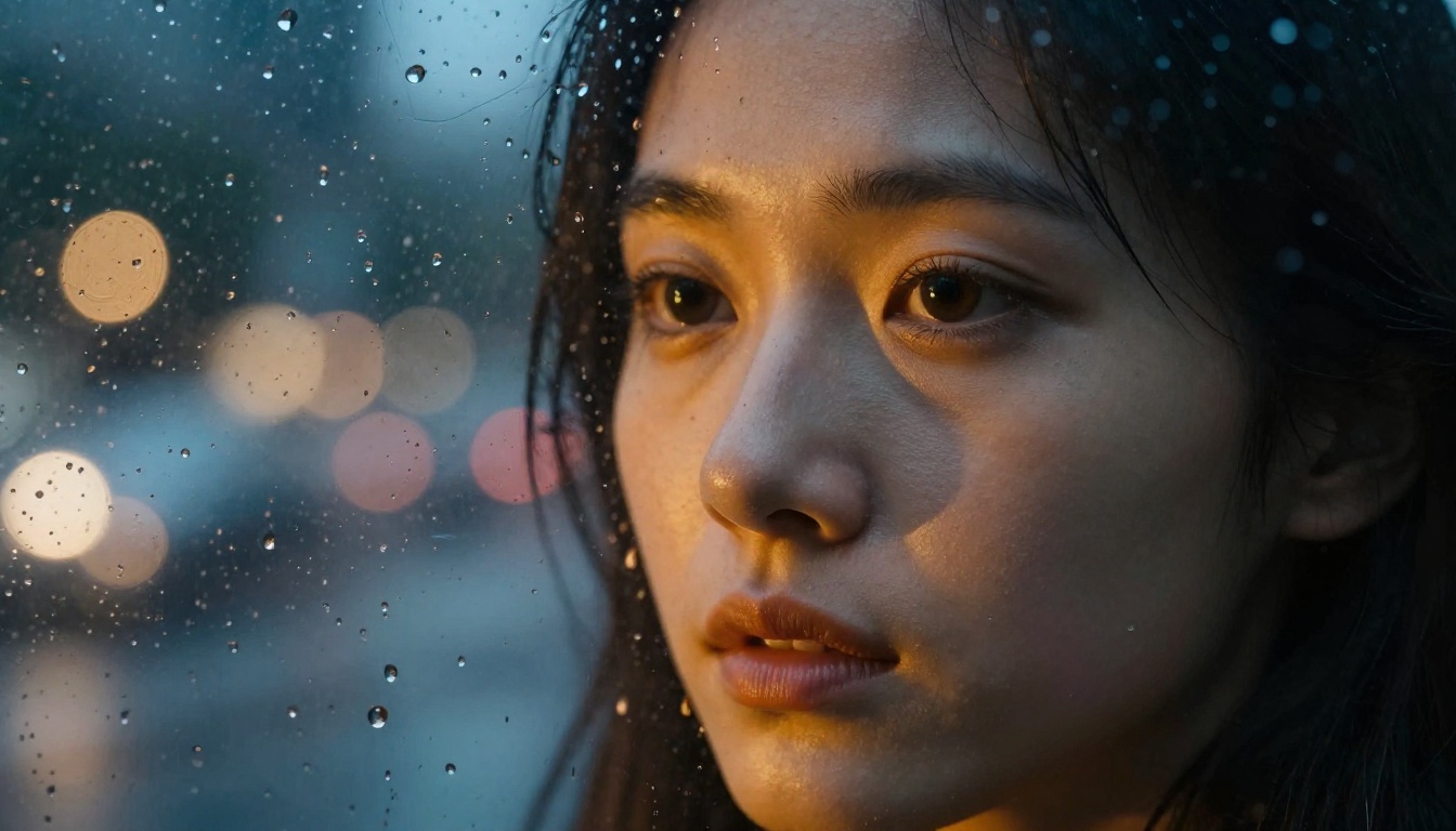 Close-up woman reflected in rainy window at night, cinematic melancholic mood