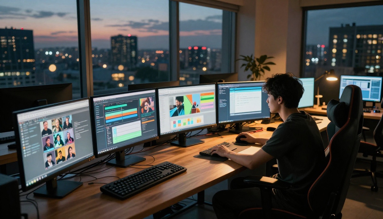 AI workspace with multiple screens showing video generation AI workspace with multiple screens showing video generation