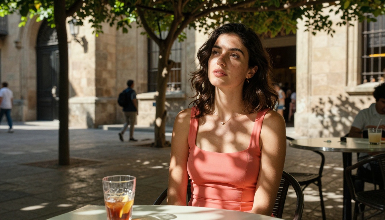 Woman in coral summer dress at Barcelona cafe with dappled sunlight