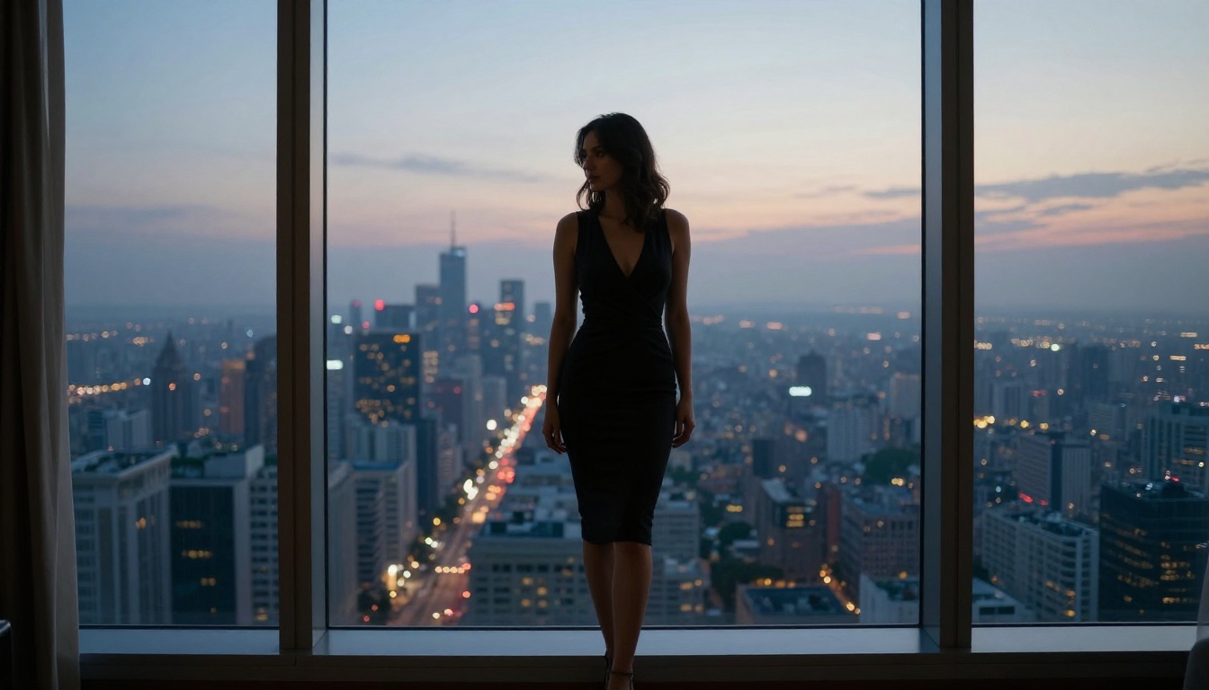 Elegant woman silhouetted at twilight city windows