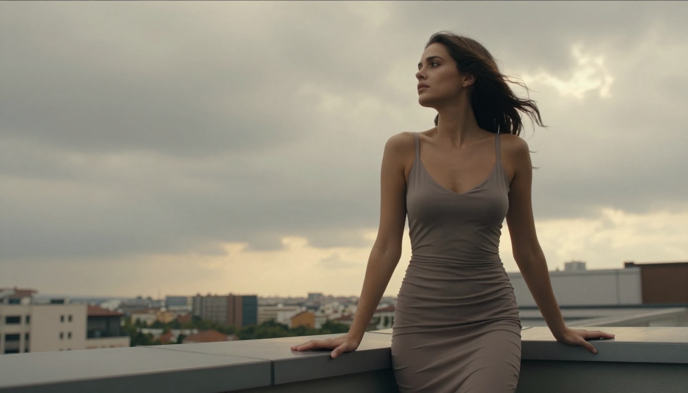 Woman in backless dress rooftop city view Woman in backless dress rooftop city view