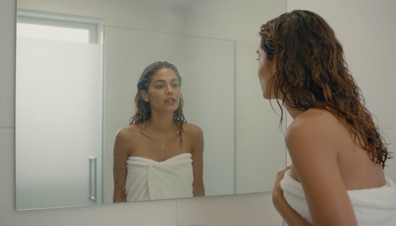 Woman wrapped in towel bathroom reflection
