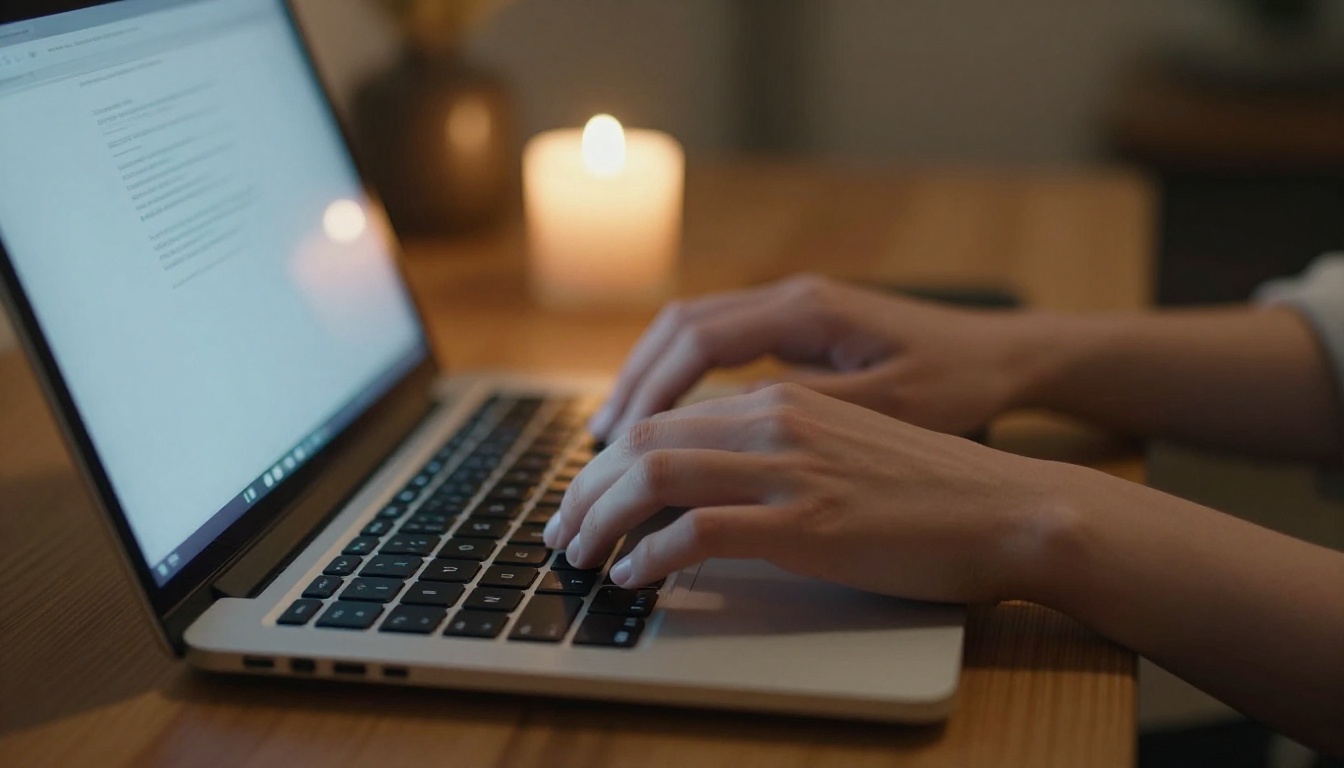 Hands typing on laptop in candlelit evening setting