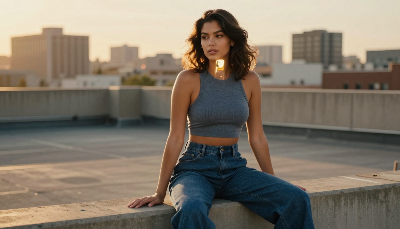 Woman at golden hour rooftop creating content