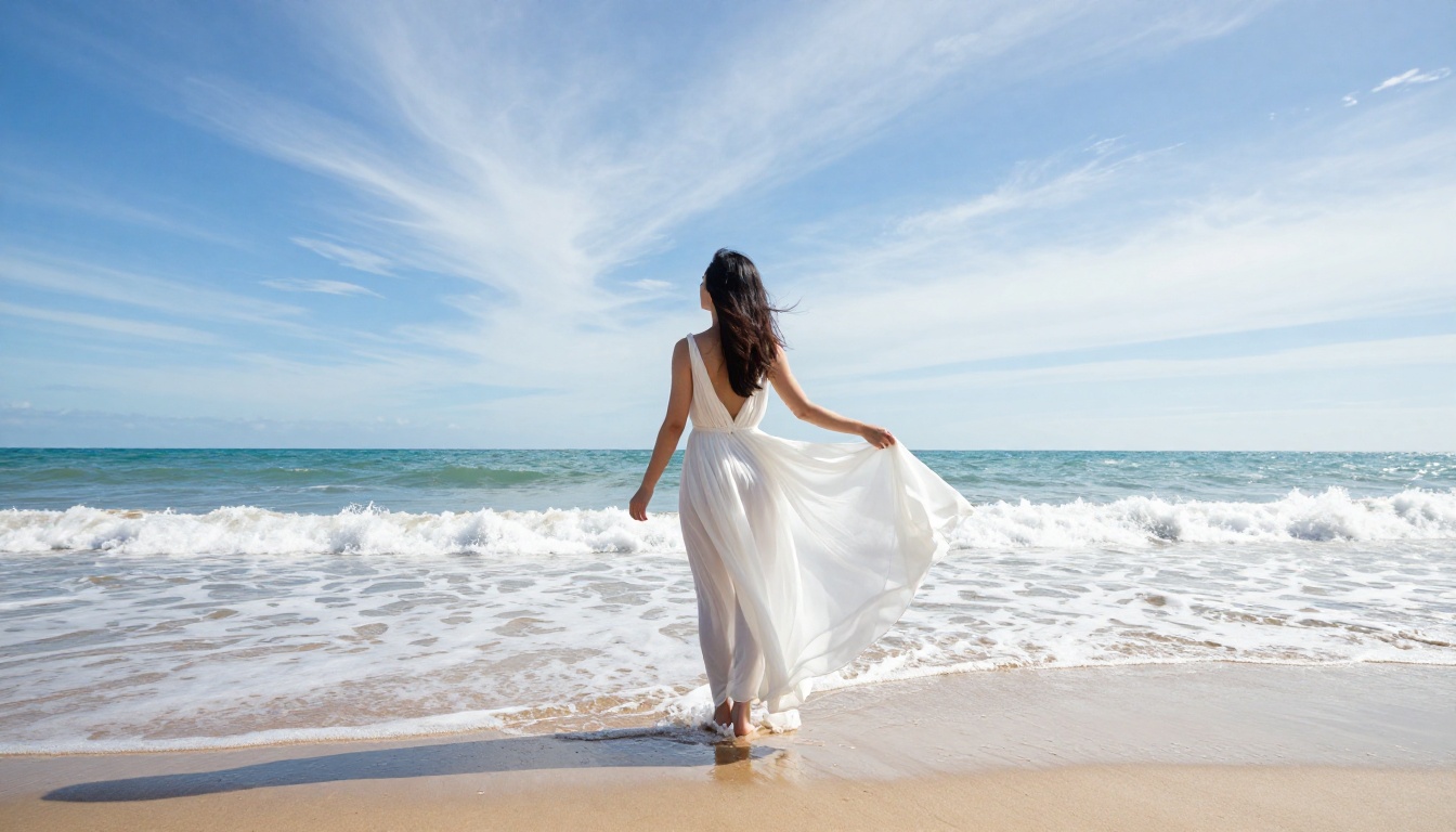 Woman in white dress on beach shoreline