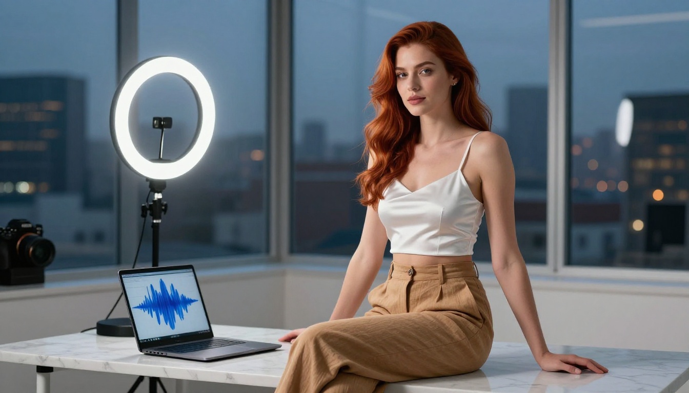 A confident creator at her studio desk, ring light casting cool-white light across her face, laptop open with video waveforms glowing behind her