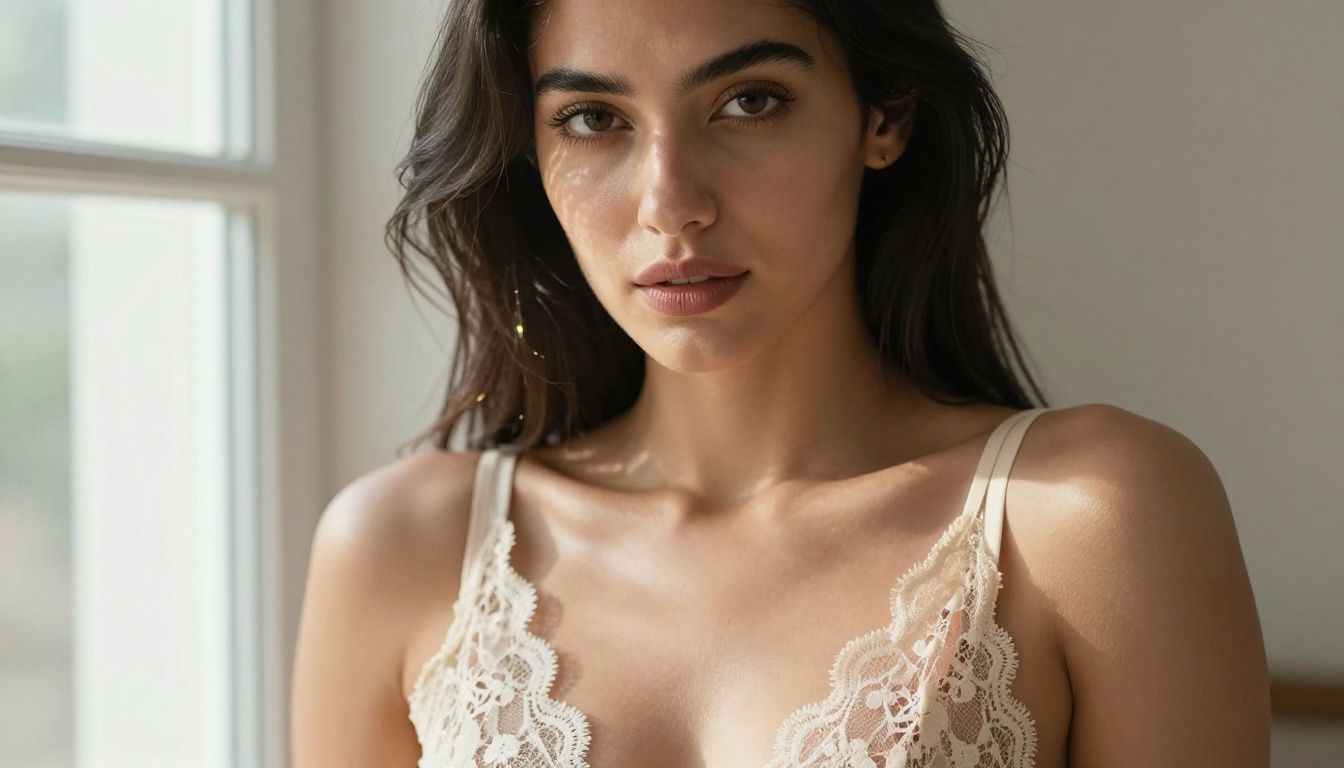 Close-up portrait of a woman with dark hair and olive skin gazing into camera, sheer lace top, window light from left