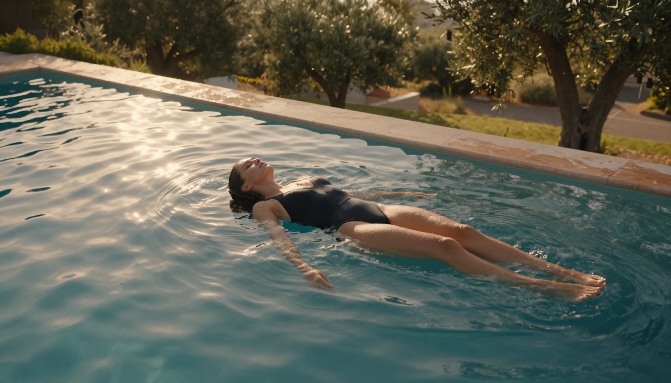 Aerial view of a woman in a black swimsuit floating in an infinity pool, Mediterranean sunlight creating golden water reflections