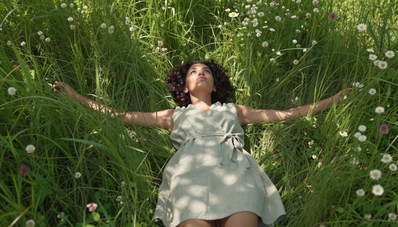 Woman with dark curly hair in summer wildflower meadow, aerial overhead perspective