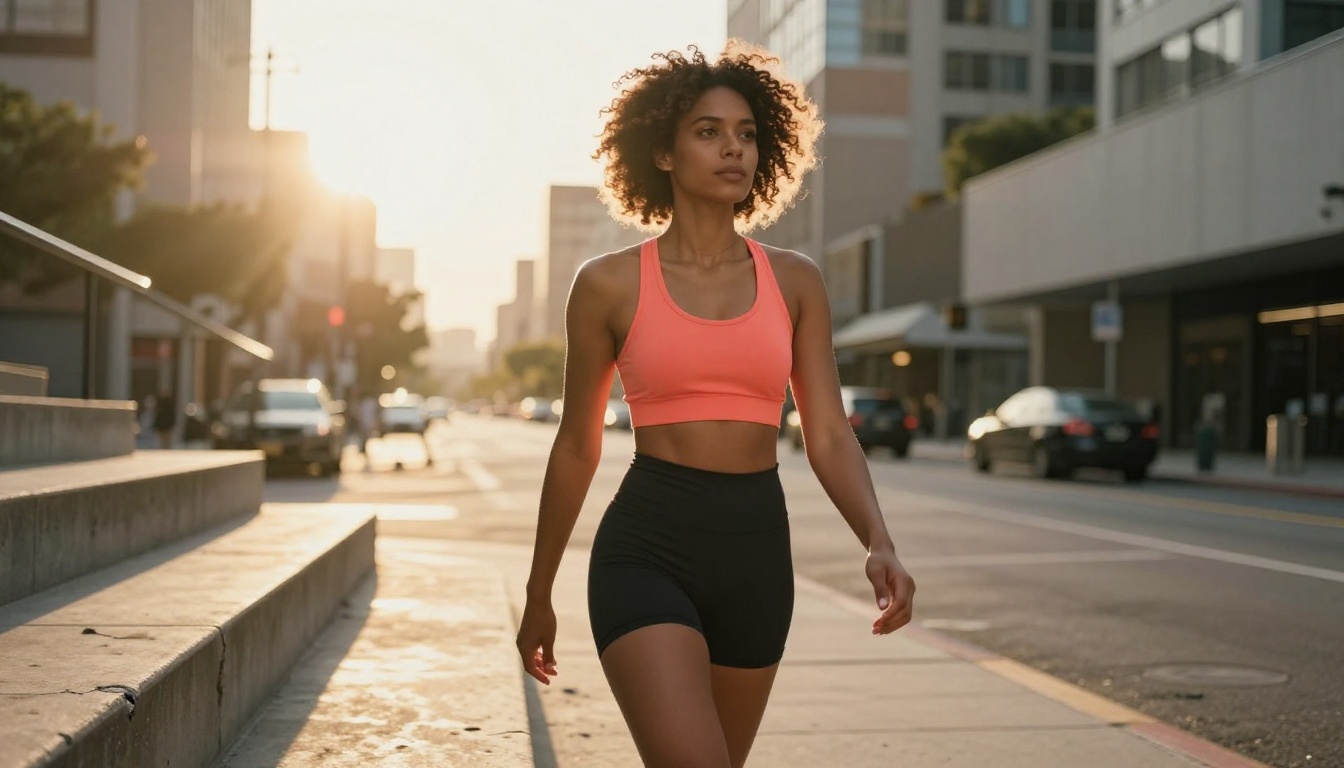 Low-angle shot of an athletic woman with caramel skin walking down urban concrete steps, coral sports bra, golden-hour rim light creating halo silhouette