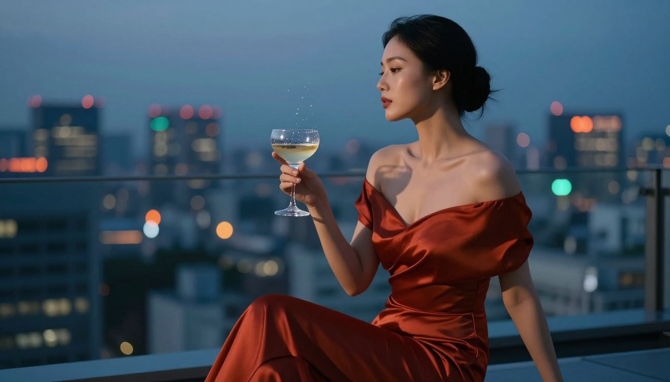 East Asian woman in rust-red silk dress on a rooftop terrace at blue hour, Tokyo city lights blurred in background, cocktail glass in hand