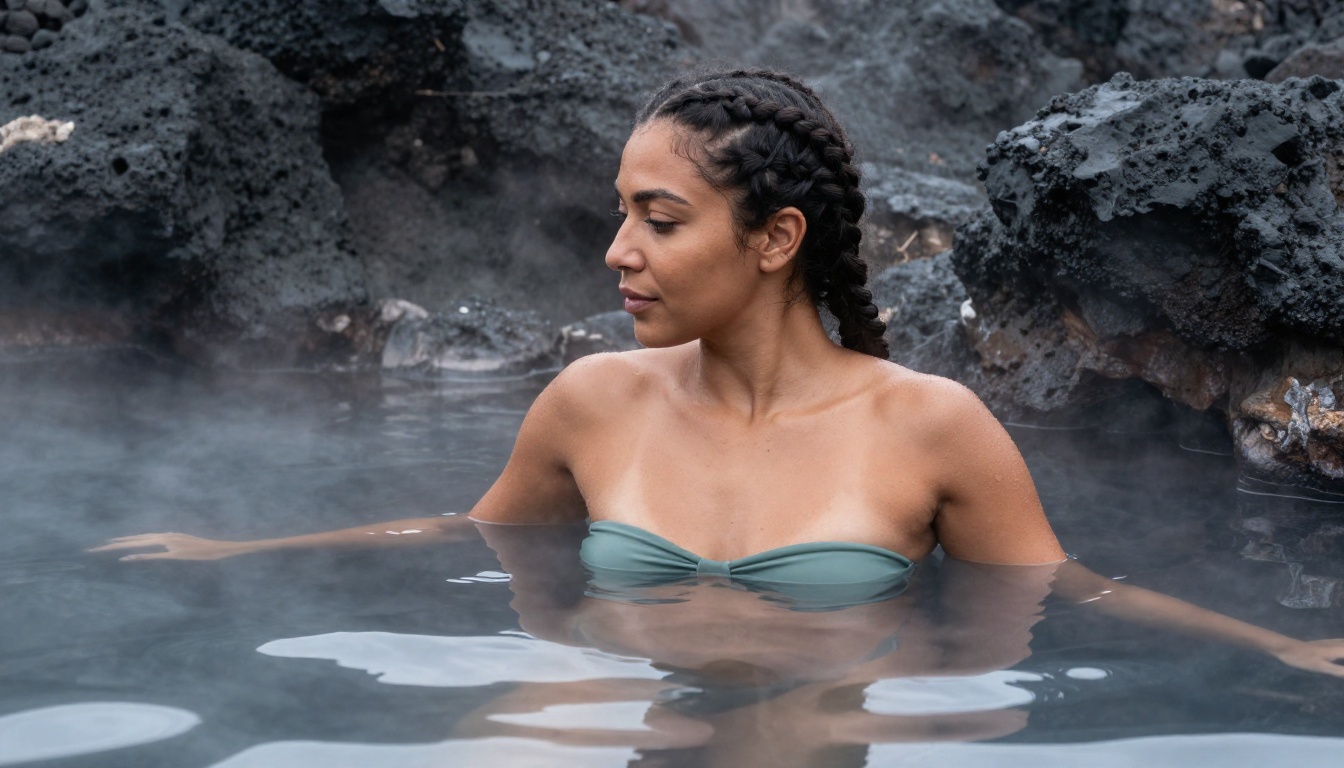 A Latina woman half-submerged in a volcanic hot spring, sage green strapless bikini top, steam rising, black volcanic rock formations surrounding her A Latina woman half-submerged in a volcanic hot spring, sage green strapless bikini top, steam rising, black volcanic rock formations surrounding her