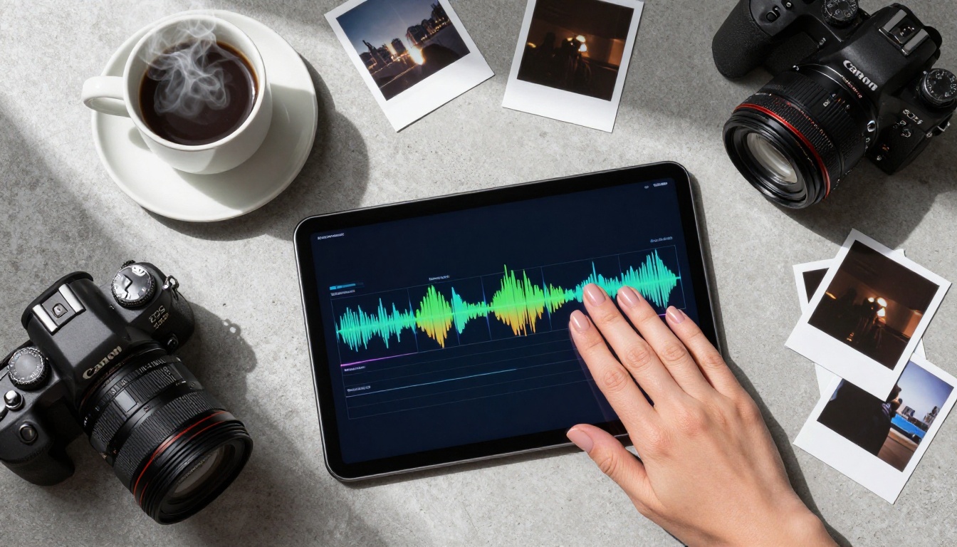 Woman's manicured hand resting on a tablet with a colorful video timeline, surrounded by a film camera and polaroid prints on concrete Woman's manicured hand resting on a tablet with a colorful video timeline, surrounded by a film camera and polaroid prints on concrete