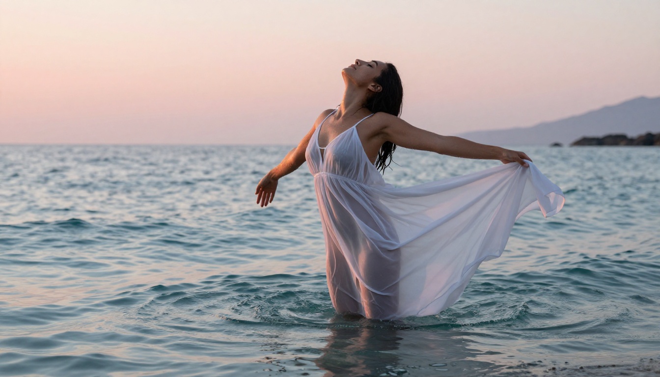 Woman in sheer white flowing dress standing in turquoise Mediterranean ocean at sunrise