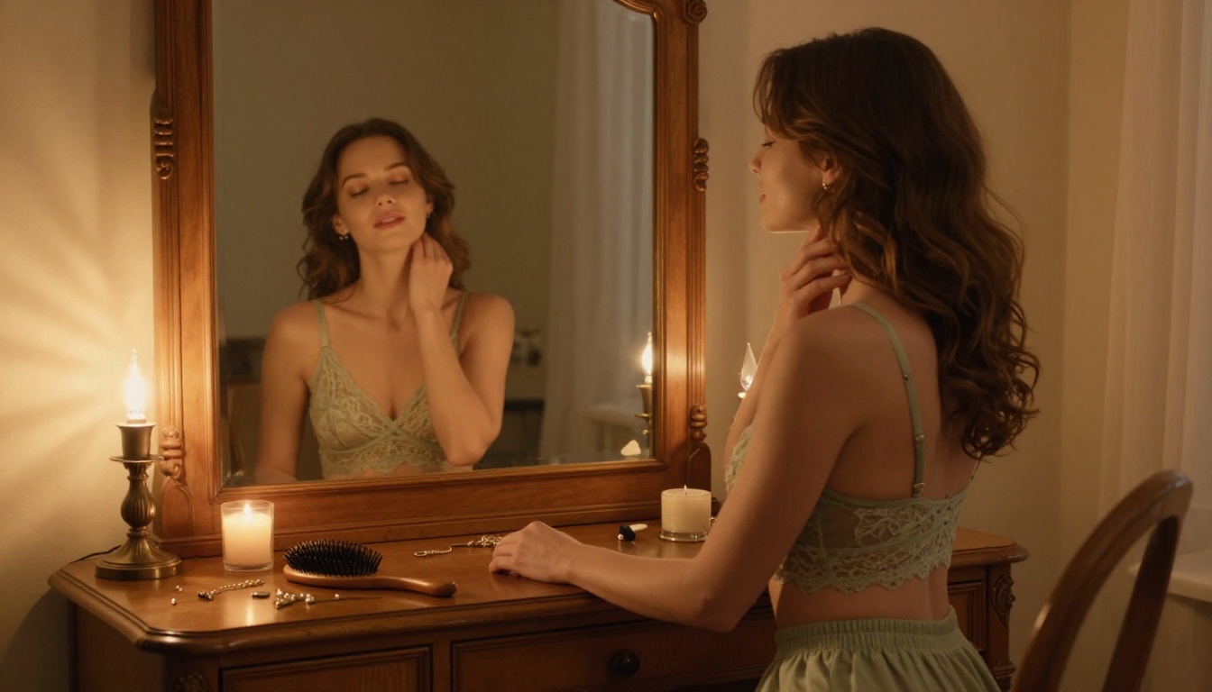 Woman at vintage vanity table with warm amber lighting, reflected in mirror