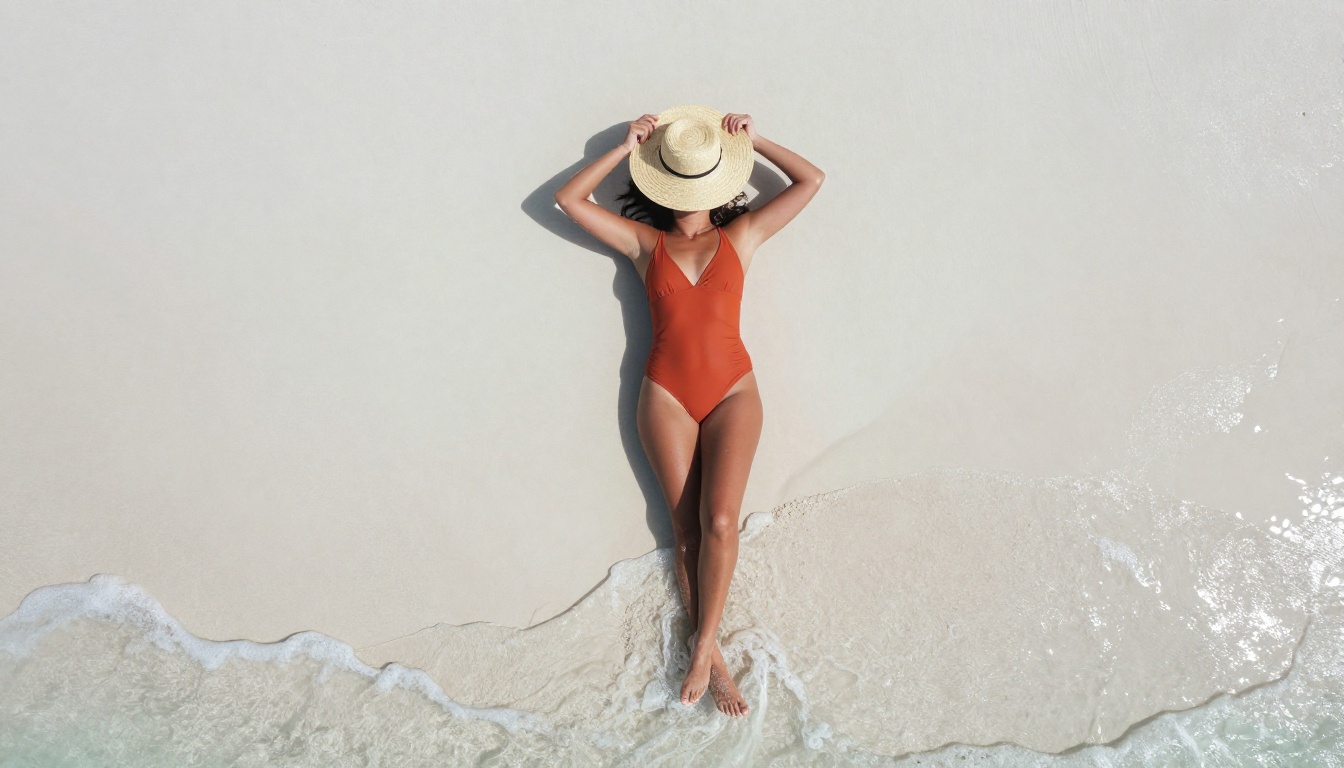 Aerial drone view of woman in burnt orange swimsuit on white sand beach at midday