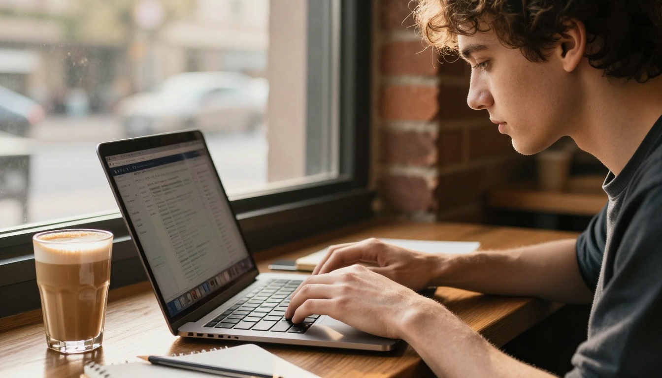 Creative professional using a MacBook in a coffee shop with warm window light