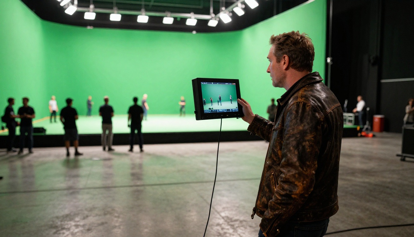 Hollywood director reviewing footage on a professional movie set