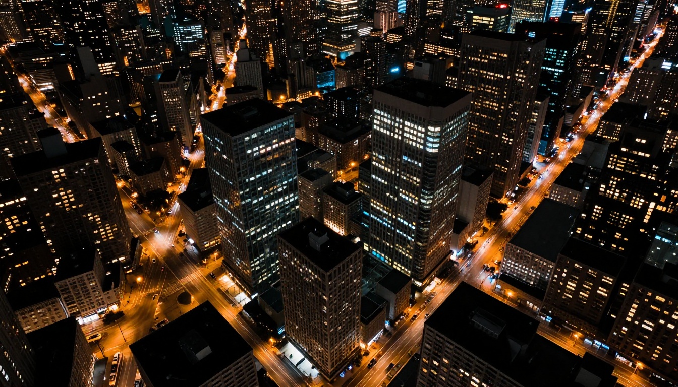 Aerial bird's eye view of a city at night with light trails from traffic Aerial bird's eye view of a city at night with light trails from traffic