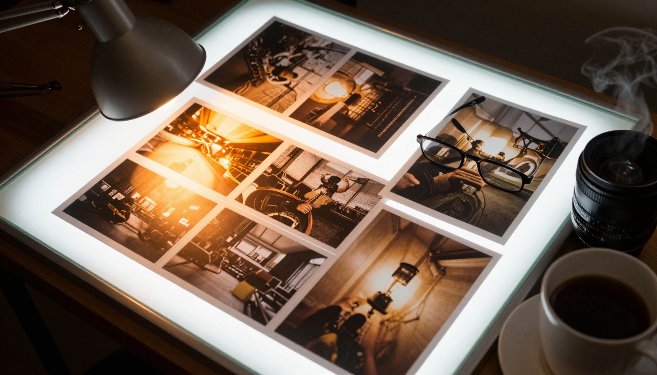 Filmmaker storyboard frames on a light table