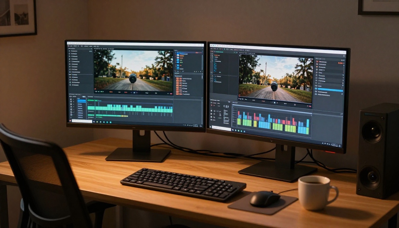 Dual monitor workstation comparing AI video platforms
