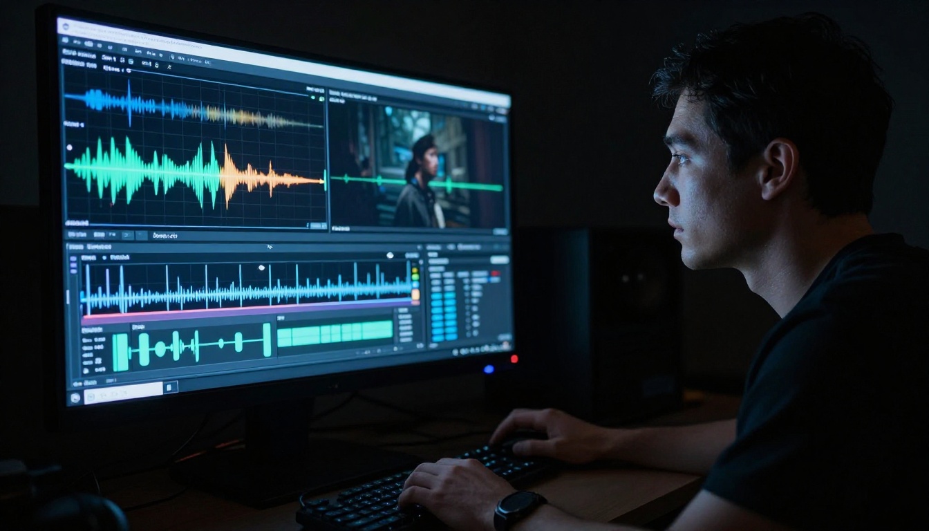 Professional colorist reviewing AI video in grading suite Professional colorist reviewing AI video in grading suite