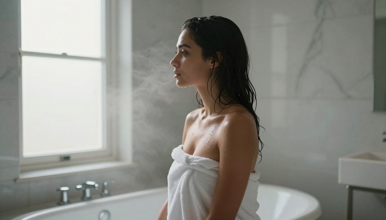 Woman in luxury bathroom towel steamy setting