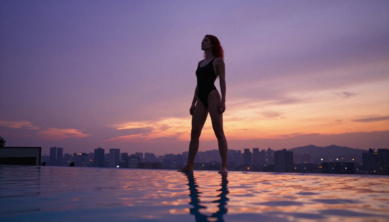 Low angle rooftop pool redhead black swimsuit