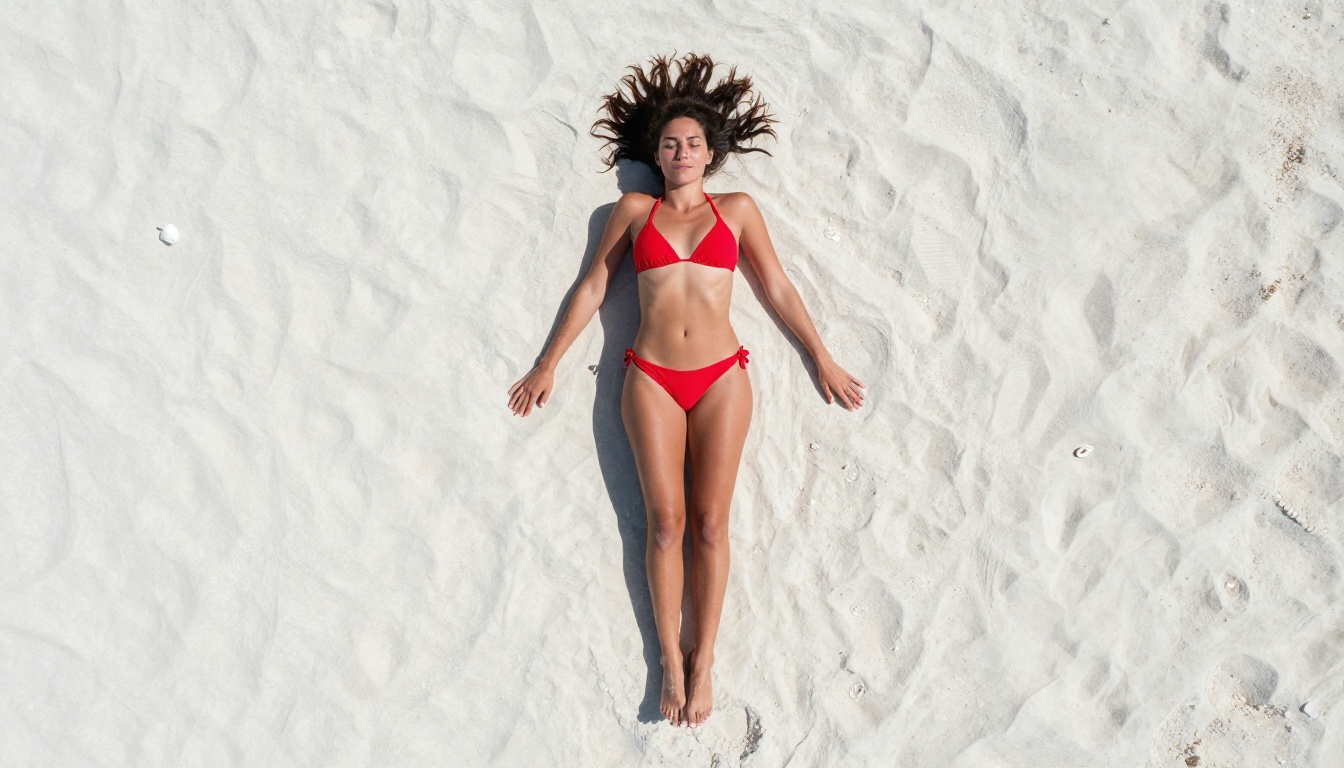 Aerial drone shot of woman in red bikini lying on white sand beach Aerial drone shot of woman in red bikini lying on white sand beach
